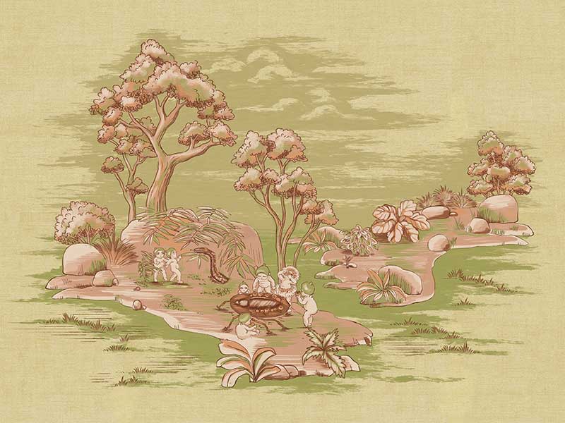 The Picnic by the Billabong Light Green Canvas Art Print by Urban Road features vintage-style children playing by a large bowl among trees and rocks, with another child and animal in the background. Muted greens and browns add timeless charm.