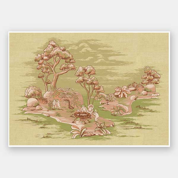 Picnic by the Billabong Light Green Unframed Art Print by Urban Road features a vintage-style scene of children playing outdoors, evoking classic May Gibbs art—a charming addition to any nursery wall.