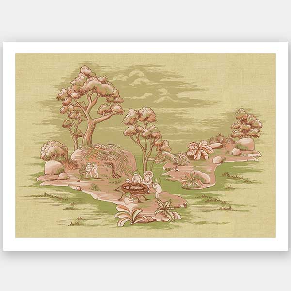 Picnic by the Billabong Light Green Unframed Art Print by Urban Road features a vintage-style scene of children playing outdoors, evoking classic May Gibbs art—a charming addition to any nursery wall.