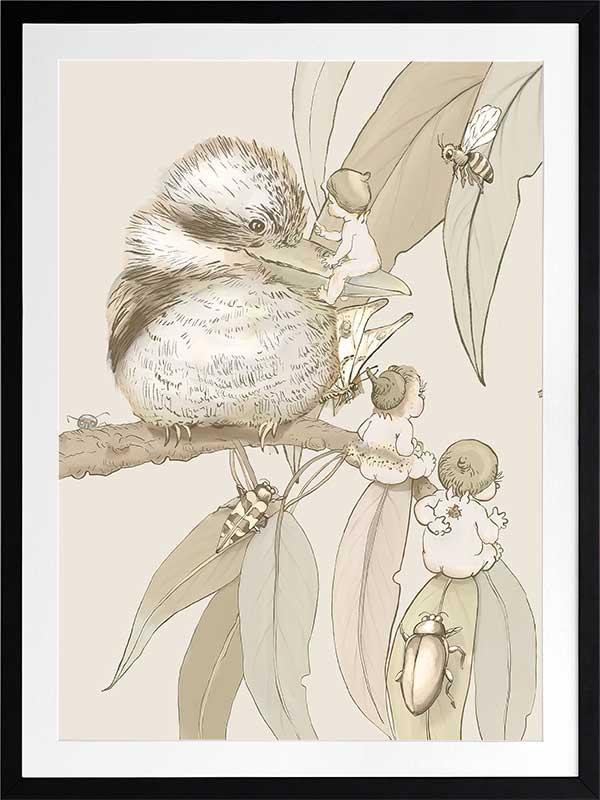 Kookaburra and Company wall art featuring a detailed kookaburra and gumnut babies in a vintage May Gibbs design from the May Gibbs II Wall Art Collection.