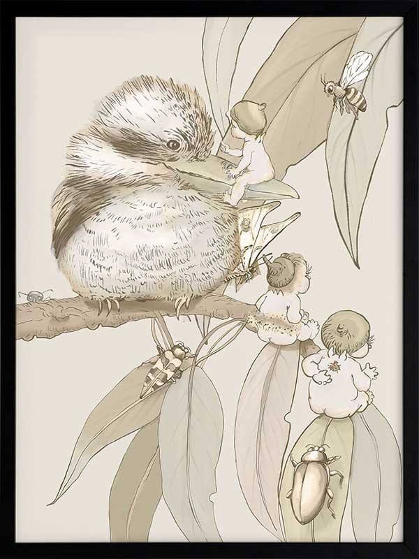 Kookaburra and Company wall art featuring a detailed kookaburra and gumnut babies in a vintage May Gibbs design from the May Gibbs II Wall Art Collection.