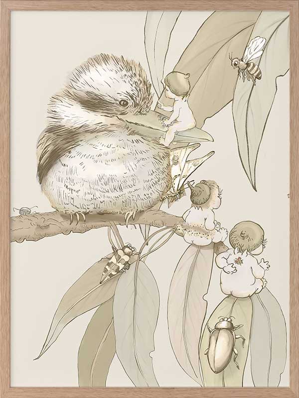 Kookaburra and Company wall art featuring a detailed kookaburra and gumnut babies in a vintage May Gibbs design from the May Gibbs II Wall Art Collection.