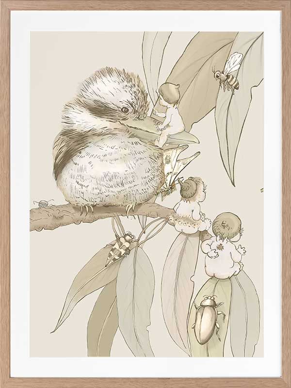 Kookaburra and Company wall art featuring a detailed kookaburra and gumnut babies in a vintage May Gibbs design from the May Gibbs II Wall Art Collection.