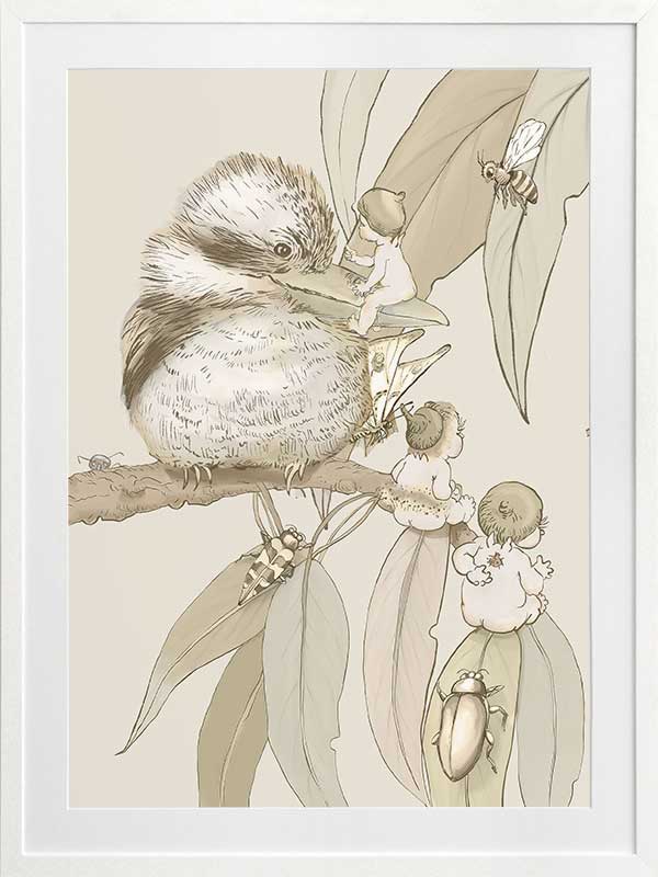 Kookaburra and Company wall art featuring a detailed kookaburra and gumnut babies in a vintage May Gibbs design from the May Gibbs II Wall Art Collection.