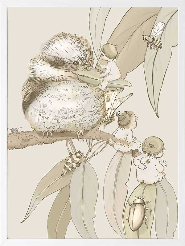 Kookaburra and Company wall art featuring a detailed kookaburra and gumnut babies in a vintage May Gibbs design from the May Gibbs II Wall Art Collection.