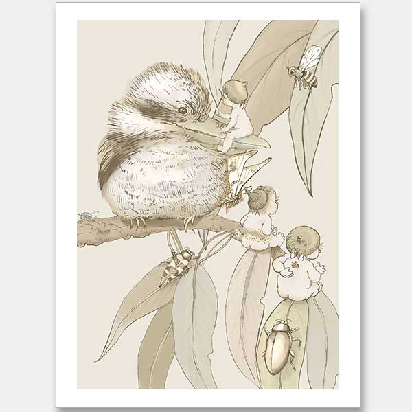 Kookaburra and Company wall art featuring a detailed kookaburra and gumnut babies in a vintage May Gibbs design from the May Gibbs II Wall Art Collection.