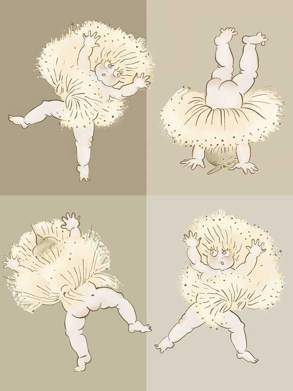Gumnut Tumbles wall art featuring playful gumnut babies tumbling in a whimsical May Gibbs design from the May Gibbs II Wall Art Collection.
