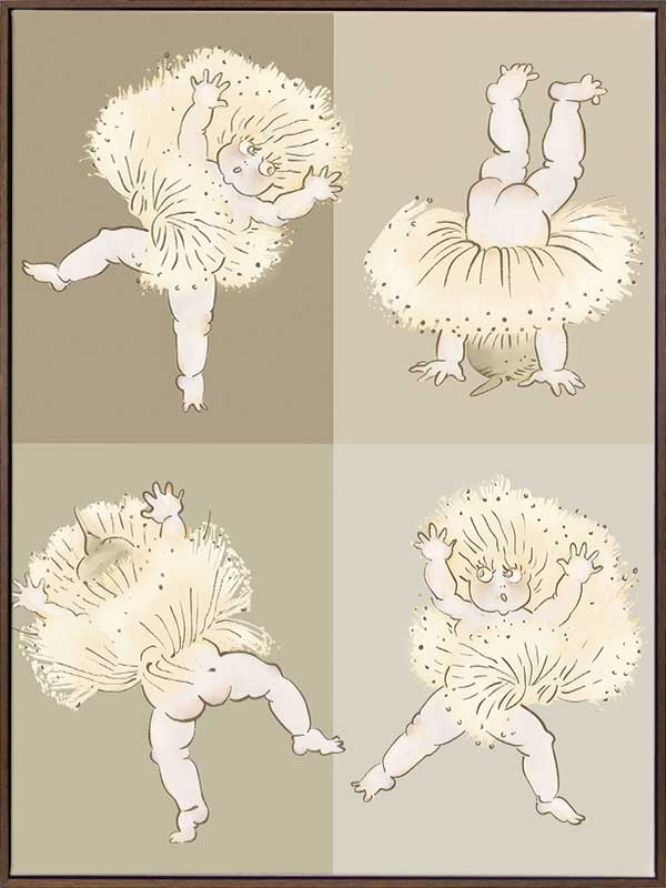 Gumnut Tumbles wall art featuring playful gumnut babies tumbling in a whimsical May Gibbs design from the May Gibbs II Wall Art Collection.
