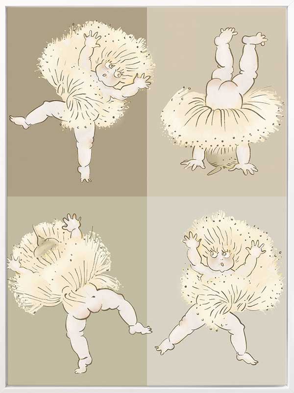 Gumnut Tumbles wall art featuring playful gumnut babies tumbling in a whimsical May Gibbs design from the May Gibbs II Wall Art Collection.