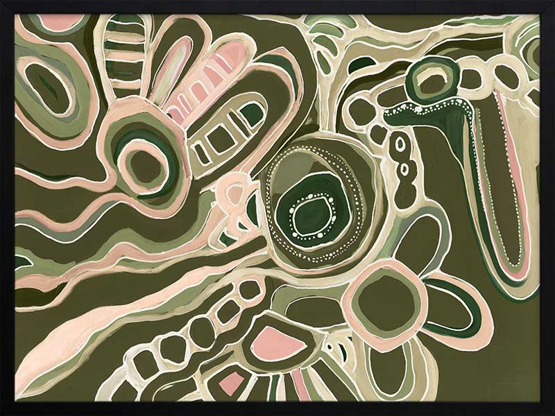 Abstract painting with organic shapes, flowing linework, and layered forms in cream, olive, and dusty pink on a deep green background. From the Maria Watson-Trudgett collection with Urban Road.