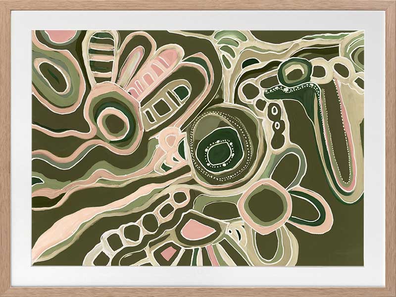 Abstract painting with organic shapes, flowing linework, and layered forms in cream, olive, and dusty pink on a deep green background. From the Maria Watson-Trudgett collection with Urban Road.