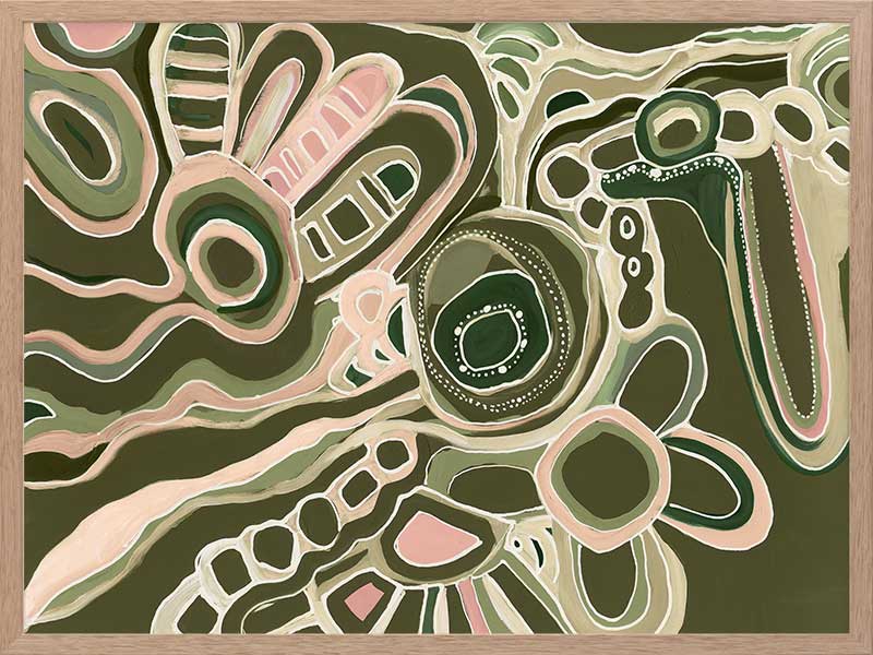 Abstract painting with organic shapes, flowing linework, and layered forms in cream, olive, and dusty pink on a deep green background. From the Maria Watson-Trudgett collection with Urban Road.
