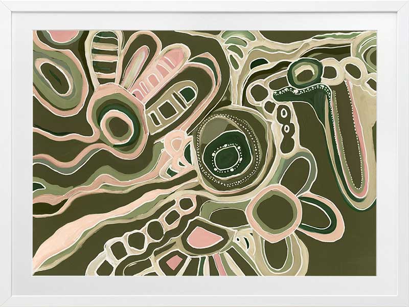 Abstract painting with organic shapes, flowing linework, and layered forms in cream, olive, and dusty pink on a deep green background. From the Maria Watson-Trudgett collection with Urban Road.