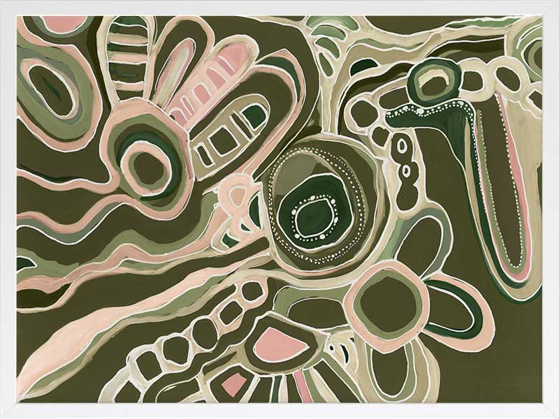 Abstract painting with organic shapes, flowing linework, and layered forms in cream, olive, and dusty pink on a deep green background. From the Maria Watson-Trudgett collection with Urban Road.