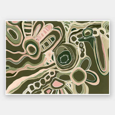 Abstract painting with organic shapes, flowing linework, and layered forms in cream, olive, and dusty pink on a deep green background. From the Maria Watson-Trudgett collection with Urban Road.
