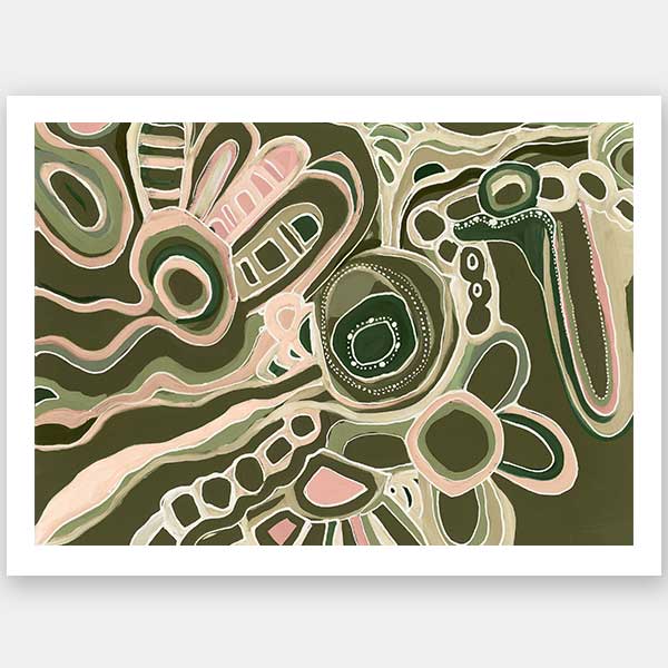 Abstract painting with organic shapes, flowing linework, and layered forms in cream, olive, and dusty pink on a deep green background. From the Maria Watson-Trudgett collection with Urban Road.