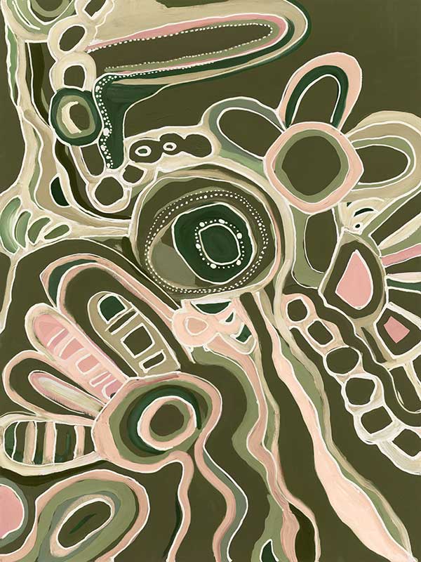 Abstract painting with organic shapes, flowing linework, and layered forms in cream, olive, and dusty pink on a deep green background. From the Maria Watson-Trudgett collection with Urban Road.