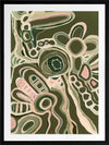 Abstract painting with organic shapes, flowing linework, and layered forms in cream, olive, and dusty pink on a deep green background. From the Maria Watson-Trudgett collection with Urban Road.