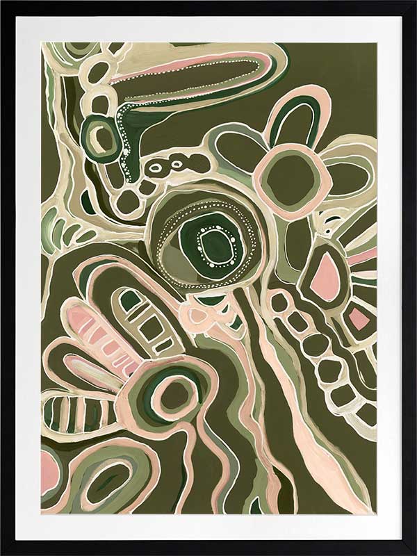 Abstract painting with organic shapes, flowing linework, and layered forms in cream, olive, and dusty pink on a deep green background. From the Maria Watson-Trudgett collection with Urban Road.