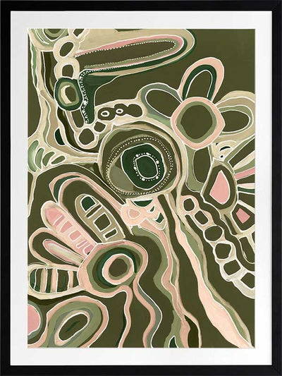 Abstract painting with organic shapes, flowing linework, and layered forms in cream, olive, and dusty pink on a deep green background. From the Maria Watson-Trudgett collection with Urban Road.