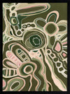 Abstract painting with organic shapes, flowing linework, and layered forms in cream, olive, and dusty pink on a deep green background. From the Maria Watson-Trudgett collection with Urban Road.