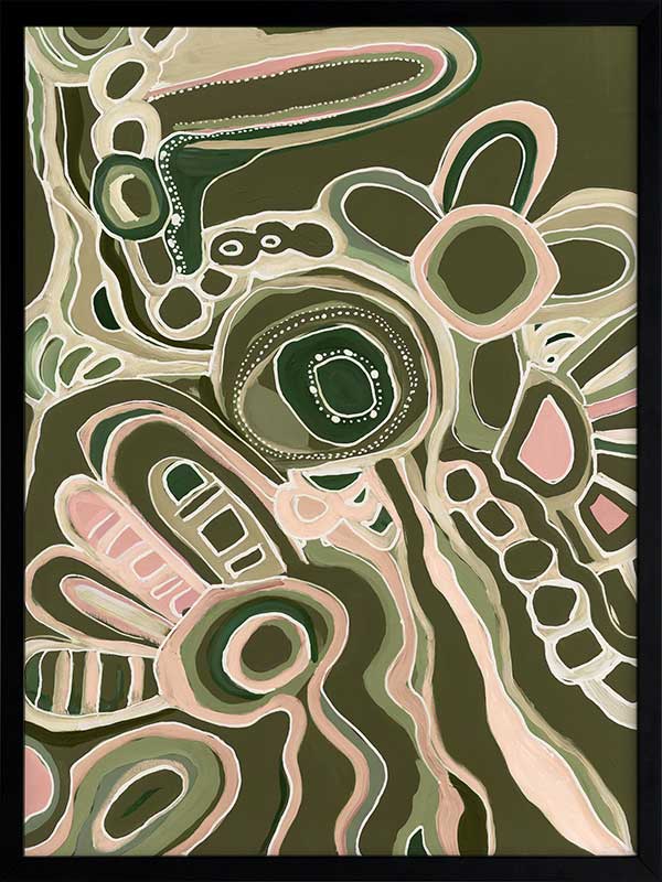 Abstract painting with organic shapes, flowing linework, and layered forms in cream, olive, and dusty pink on a deep green background. From the Maria Watson-Trudgett collection with Urban Road.