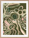 Abstract painting with organic shapes, flowing linework, and layered forms in cream, olive, and dusty pink on a deep green background. From the Maria Watson-Trudgett collection with Urban Road.