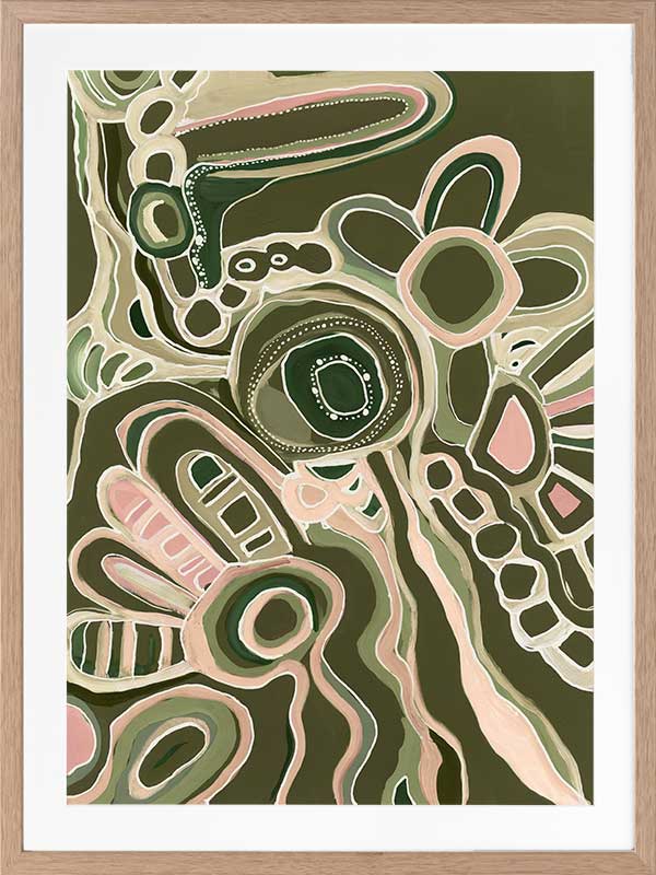 Abstract painting with organic shapes, flowing linework, and layered forms in cream, olive, and dusty pink on a deep green background. From the Maria Watson-Trudgett collection with Urban Road.