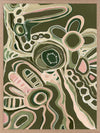 Abstract painting with organic shapes, flowing linework, and layered forms in cream, olive, and dusty pink on a deep green background. From the Maria Watson-Trudgett collection with Urban Road.