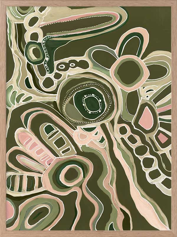 Abstract painting with organic shapes, flowing linework, and layered forms in cream, olive, and dusty pink on a deep green background. From the Maria Watson-Trudgett collection with Urban Road.