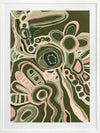 Abstract painting with organic shapes, flowing linework, and layered forms in cream, olive, and dusty pink on a deep green background. From the Maria Watson-Trudgett collection with Urban Road.