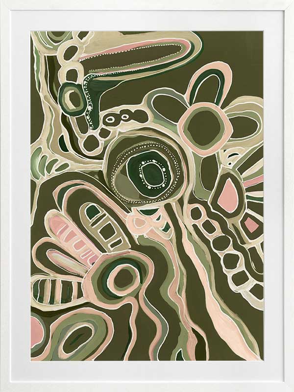 Abstract painting with organic shapes, flowing linework, and layered forms in cream, olive, and dusty pink on a deep green background. From the Maria Watson-Trudgett collection with Urban Road.