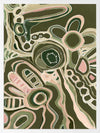 Abstract painting with organic shapes, flowing linework, and layered forms in cream, olive, and dusty pink on a deep green background. From the Maria Watson-Trudgett collection with Urban Road.