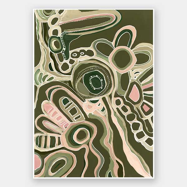 Abstract painting with organic shapes, flowing linework, and layered forms in cream, olive, and dusty pink on a deep green background. From the Maria Watson-Trudgett collection with Urban Road.