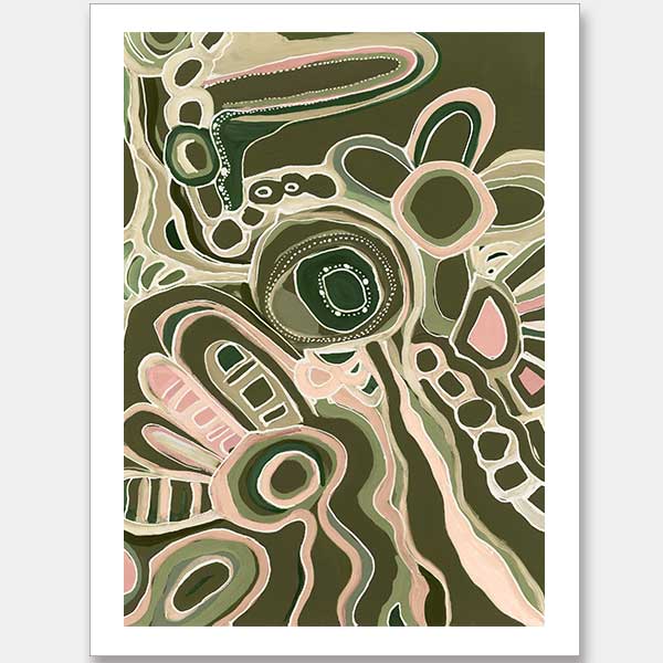 Abstract painting with organic shapes, flowing linework, and layered forms in cream, olive, and dusty pink on a deep green background. From the Maria Watson-Trudgett collection with Urban Road.
