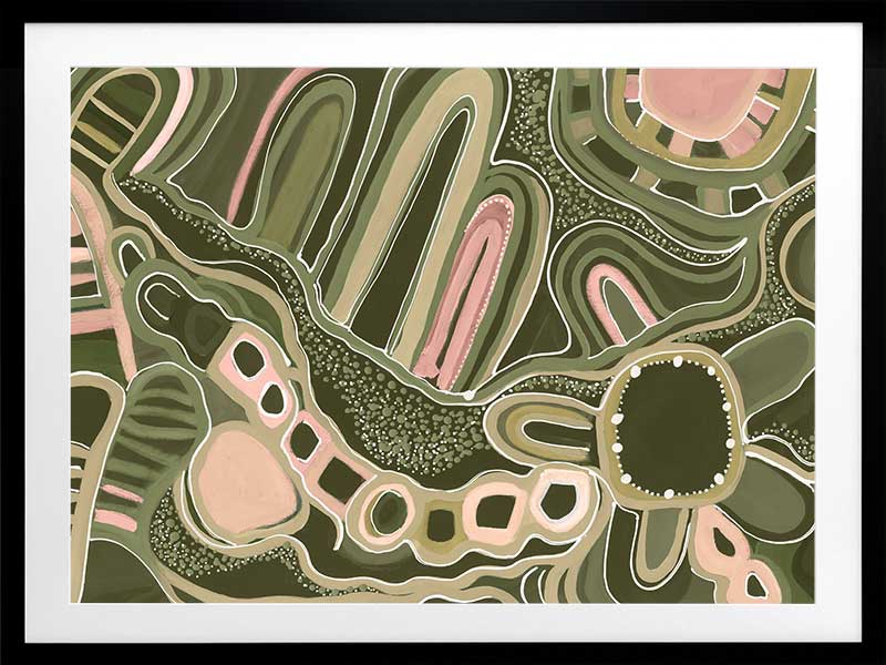 Fluid abstract artwork with curved lines, dotted detailing, and layered shapes in green and pink tones against a forest green base. From the Maria Watson-Trudgett collection with Urban Road.