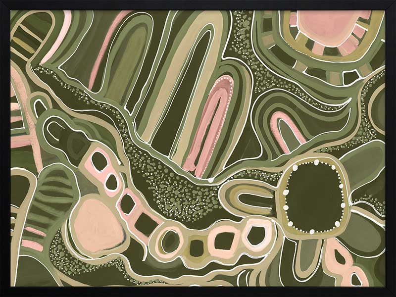 Fluid abstract artwork with curved lines, dotted detailing, and layered shapes in green and pink tones against a forest green base. From the Maria Watson-Trudgett collection with Urban Road.