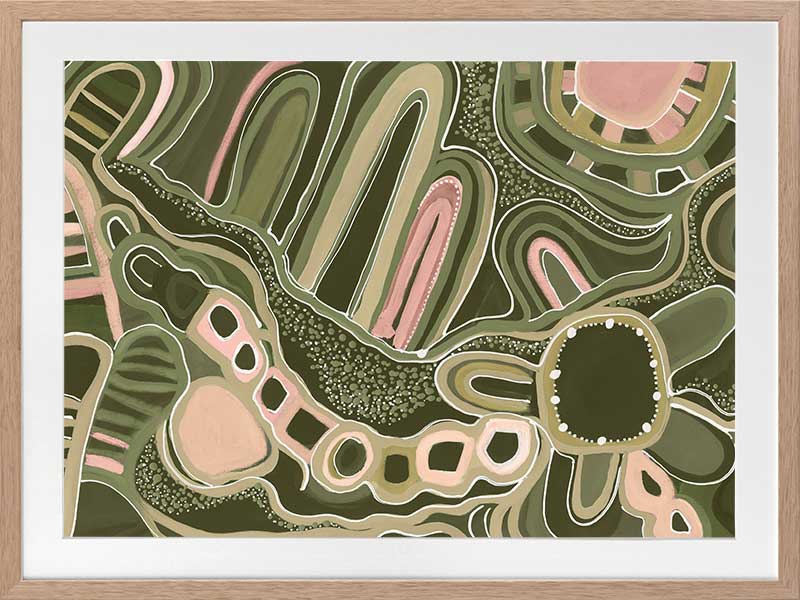 Fluid abstract artwork with curved lines, dotted detailing, and layered shapes in green and pink tones against a forest green base. From the Maria Watson-Trudgett collection with Urban Road.