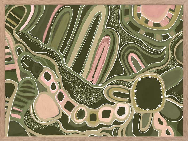 Fluid abstract artwork with curved lines, dotted detailing, and layered shapes in green and pink tones against a forest green base. From the Maria Watson-Trudgett collection with Urban Road.
