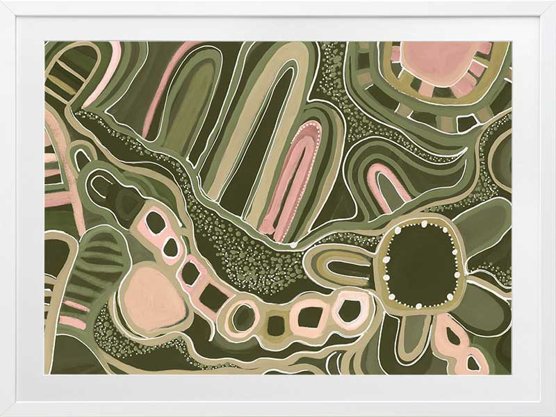 Fluid abstract artwork with curved lines, dotted detailing, and layered shapes in green and pink tones against a forest green base. From the Maria Watson-Trudgett collection with Urban Road.