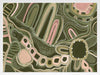 Fluid abstract artwork with curved lines, dotted detailing, and layered shapes in green and pink tones against a forest green base. From the Maria Watson-Trudgett collection with Urban Road.