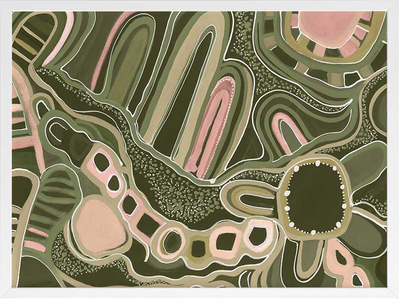 Fluid abstract artwork with curved lines, dotted detailing, and layered shapes in green and pink tones against a forest green base. From the Maria Watson-Trudgett collection with Urban Road.