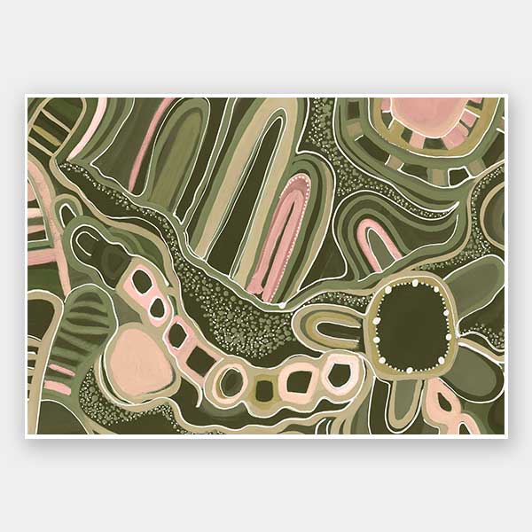 Fluid abstract artwork with curved lines, dotted detailing, and layered shapes in green and pink tones against a forest green base. From the Maria Watson-Trudgett collection with Urban Road.