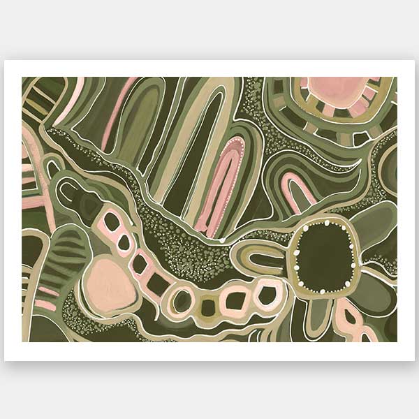 Fluid abstract artwork with curved lines, dotted detailing, and layered shapes in green and pink tones against a forest green base. From the Maria Watson-Trudgett collection with Urban Road.