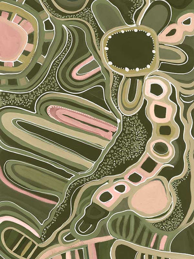 Fluid abstract artwork with curved lines, dotted detailing, and layered shapes in green and pink tones against a forest green base. From the Maria Watson-Trudgett collection with Urban Road.