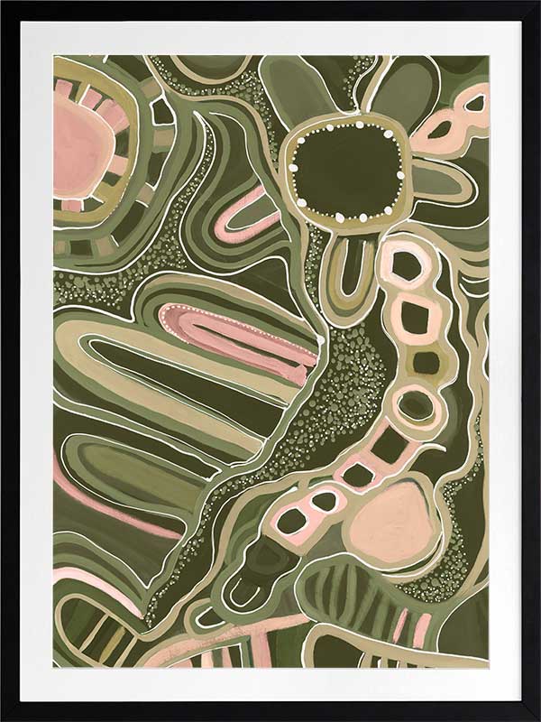 Fluid abstract artwork with curved lines, dotted detailing, and layered shapes in green and pink tones against a forest green base. From the Maria Watson-Trudgett collection with Urban Road.