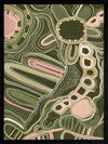 Fluid abstract artwork with curved lines, dotted detailing, and layered shapes in green and pink tones against a forest green base. From the Maria Watson-Trudgett collection with Urban Road.