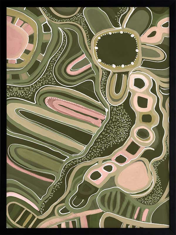 Fluid abstract artwork with curved lines, dotted detailing, and layered shapes in green and pink tones against a forest green base. From the Maria Watson-Trudgett collection with Urban Road.