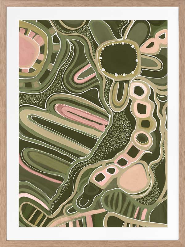 Fluid abstract artwork with curved lines, dotted detailing, and layered shapes in green and pink tones against a forest green base. From the Maria Watson-Trudgett collection with Urban Road.
