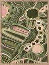 Fluid abstract artwork with curved lines, dotted detailing, and layered shapes in green and pink tones against a forest green base. From the Maria Watson-Trudgett collection with Urban Road.
